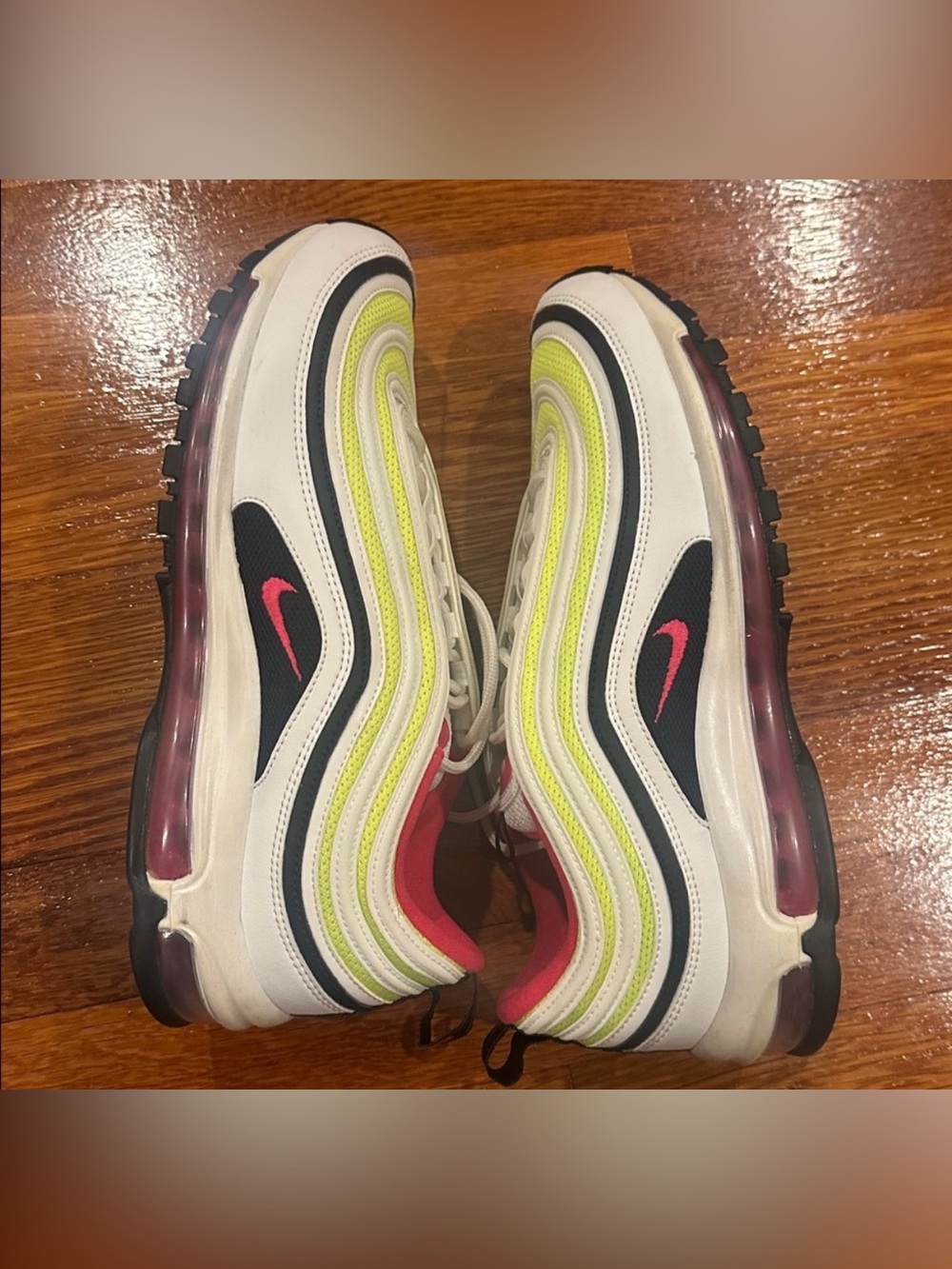 Nike Men’s Air Max 97 - White, black, volt, & Rush pink, - Picture 3 of 5